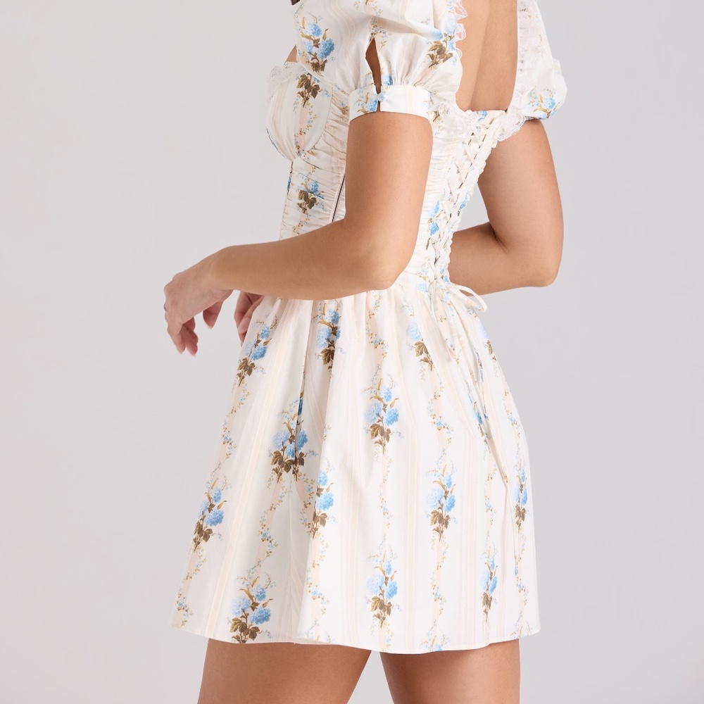 ISSA - Cream Floral Print Cotton Mini Dress - Picture 3 of 6